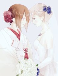 Rule 34 | 10s, 2girls, alternate hairstyle, bad id, bad pixiv id, blue eyes, bouquet, bridal veil, brown eyes, brown hair, dress, earrings, elbow gloves, flower, from side, girls und panzer, gloves, grey background, hair flower, hair ornament, hair up, holding, itsumi erika, japanese clothes, jewelry, kimono, light smile, looking at another, multiple girls, necklace, nishizumi miho, short hair, silver hair, simple background, smile, standing, strapless, strapless dress, uchikake, uki (lachryphagy), upper body, veil, wedding dress, white dress, white gloves, white kimono, wife and wife, yuri