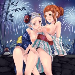 Rule 34 | 2girls, black clover, black panties, grabbing another&#039;s breast, breast sucking, breasts, breasts out, cousins, fingering, fireworks, grabbing, green eyes, hair bun, highres, iiros, incest, japanese clothes, kimono, large breasts, mimosa vermillion, multiple girls, mutual fingering, mutual masturbation, mutual orgasm, nipples, noelle silva, open mouth, orange hair, orgasm, panties, purple eyes, pussy, pussy juice, pussy juice trail, secre swallowtail, silver hair, thighs, uncensored, underwear, white panties, yuri