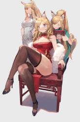 Rule 34 | 3girls, absurdres, alternate costume, animal ear fluff, animal ears, arknights, aunt and niece, blemishine (arknights), blonde hair, blue eyes, blush, breasts, brown legwear, chair, china dress, chinese clothes, cleavage, cleavage cutout, clothing cutout, crossed legs, dress, full body, grey background, hand on own hip, high heels, highres, large breasts, legs, long hair, looking at viewer, multiple girls, nearl (arknights), pelvic curtain, ponytail, red dress, siblings, sidelocks, simple background, sisters, sitting, thighhighs, vic (vedream), whislash (arknights), white dress