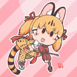 Rule 34 | 1girl, animal ears, bow, bow (music), bowtie, brown eyes, brown hair, cat ears, cat girl, cat tail, extra ears, full body, holding, holding instrument, holding violin, instrument, kemono friends, kemono friends v project, kneehighs, large-spotted genet (kemono friends), looking at viewer, numazoko namazu, pink background, ribbon, shirt, shoes, short hair, simple background, skirt, socks, solo, tail, twintails, violin, virtual youtuber