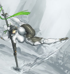 Rule 34 | 1girl, black hair, bodysuit, breasts, bun cover, cape, covered navel, double bun, elbow gloves, fate/grand order, fate (series), fingerless gloves, flexible, gloves, green eyes, green ribbon, holding, holding spear, holding weapon, huge breasts, impossible bodysuit, impossible clothes, kicking, melon22, motion lines, planted spear, planted, polearm, qin liangyu (fate), ribbon, short hair, sidelocks, skin tight, solo, spear, thick thighs, thighs, unaligned breasts, weapon, white bodysuit, white cape