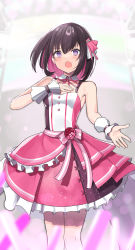 Rule 34 | 1girl, absurdres, azki (3rd costume) (hololive), azki (hololive), bare shoulders, breasts, brown hair, colored inner hair, hair ribbon, hand on own chest, highres, hololive, looking at viewer, multicolored hair, open mouth, pink hair, pink ribbon, pink skirt, purple eyes, ribbon, short hair, skirt, small breasts, solo, standing, thighs, two-tone hair, virtual youtuber, wrist cuffs, yuuzuki (re&#039;ef)