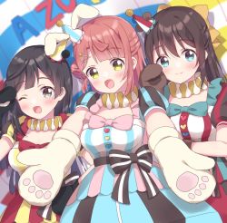 Rule 34 | 3girls, :d, ;d, animal hands, aqua eyes, azuna (love live!), black hair, blue dress, blunt bangs, blurry, blurry background, bow, breasts, brown hair, closed mouth, commentary, dress, gloves, grey eyes, hair bow, hair bun, half updo, hand up, hat, highres, ichigomilk1515, infinity! our wings!!, long hair, looking at viewer, love live!, love live! nijigasaki high school idol club, medium breasts, medium hair, mini hat, multiple girls, one eye closed, open mouth, osaka shizuku, outstretched arms, paw gloves, pink hair, puffy short sleeves, puffy sleeves, short sleeves, side bun, single side bun, smile, striped background, striped clothes, striped dress, two-tone dress, uehara ayumu, vertical-striped clothes, vertical-striped dress, waist bow, white gloves, yellow bow, yellow dress, yellow eyes, yuuki setsuna (love live!)