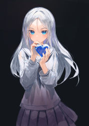 Rule 34 | 1girl, absurdres, black background, black neckwear, blue eyes, closed mouth, commentary, english commentary, forehead, grey hair, hands up, heart, highres, holding, ichika (ichika87), long hair, long sleeves, looking at viewer, original, parted bangs, pleated skirt, puffy long sleeves, puffy sleeves, sailor collar, school uniform, serafuku, shirt, simple background, skirt, solo, white sailor collar, white serafuku, white shirt, white skirt
