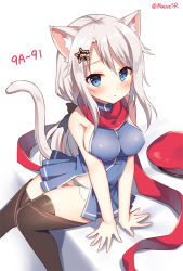 Rule 34 | 1girl, 9a-91 (girls&#039; frontline), :o, animal ear fluff, animal ears, arm support, bare arms, bare shoulders, beret, black panties, blue dress, blue eyes, blush, breasts, brown thighhighs, cat ears, cat girl, cat tail, character name, dress, girls&#039; frontline, hair between eyes, hair ornament, hat, kemonomimi mode, long hair, looking at viewer, mauve, medium breasts, panties, parted lips, red hat, red scarf, scarf, see-through, sideboob, sidelocks, silver hair, sitting, sleeveless, sleeveless dress, solo, star (symbol), star hair ornament, tail, tail raised, thighhighs, twitter username, underwear, unworn hat, unworn headwear, very long hair, white background