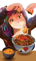 Rule 34 | 1girl, :o, black shirt, bowl, brown hair, cooking, cracked egg, egg (food), egg yolk, food, holding, holding food, long hair, long sleeves, miso soup, original, parted lips, pink hair, low poly, rice, rice bowl, rikoppepan, shirt, solo, table, white background