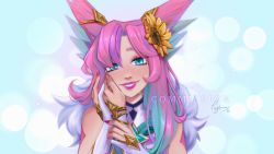 Rule 34 | 1girl, 1other, animal ears, bare shoulders, commission, detached sleeves, dress, feathers, flower, gem, green hair, grey background, grin, hair flower, hair ornament, highres, league of legends, long sleeves, multicolored hair, nail polish, parted bangs, peghmey, pink hair, pink lips, pink nails, pov, smile, star guardian xayah, tearing up, teeth, upper body, watermark, white background, xayah, yellow flower