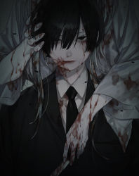 Rule 34 | 1boy, 1other, bad id, bad pixiv id, black eyes, black hair, black neckwear, blood, blood on clothes, blood on face, blood on hands, bloody weapon, closed mouth, dress, formal, funeral, funeral dress, funeral kimono, grey hair, guro, hair between eyes, highres, holding, holding knife, holding weapon, japanese clothes, kimono, knife, long hair, male focus, necktie, oouti kila, original, sanpaku, solo focus, suit, weapon