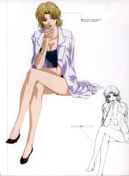 Rule 34 | 1girl, absurdres, akagi ritsuko, blonde hair, blue one-piece swimsuit, breasts, character name, cigarette, cleavage, copyright name, crossed legs, green eyes, highres, holding, holding cigarette, lab coat, large breasts, mature female, mole, mole under eye, multiple views, neon genesis evangelion, one-piece swimsuit, parted bangs, pocket, short hair, simple background, sitting, smoking, swimsuit, swimsuit under clothes, white background