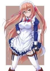 Rule 34 | 1girl, breasts, brown eyes, brown hair, covered navel, dress, fingerless gloves, garter straps, glasses, gloves, hand on own hip, highres, knife belt, long hair, looking at viewer, maid, maid headdress, original, smile, solo, standing, thigh strap, thighhighs, toriatto gununu, two side up, very long hair, white thighhighs, zettai ryouiki