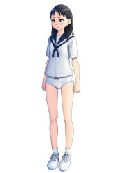 Rule 34 | 1girl, black eyes, black hair, black ribbon, black sailor collar, blouse, bow, bow panties, closed mouth, commentary request, cross-laced footwear, crotch seam, full body, light frown, looking to the side, maburu (lojyq1eur3e8bit), medium hair, neck ribbon, no pants, original, panties, ribbon, sailor collar, school uniform, serafuku, shirt, shoes, short sleeves, simple background, sneakers, socks, solo, standing, underwear, white background, white footwear, white panties, white shirt, white socks