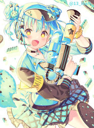 Rule 34 | 1girl, :d, blue eyes, blue jacket, blue skirt, blush, brown eyes, commentary request, cookie, double bun, food, frilled skirt, frills, goggles, goggles on head, green hair, gun, hair between eyes, hair bun, headphones, headset, highres, holding, holding gun, holding weapon, ice cream, ikari (aor3507), jacket, long sleeves, looking at viewer, open mouth, original, plaid, plaid skirt, skirt, smile, solo, star-shaped pupils, star (symbol), symbol-shaped pupils, twintails, twitter username, v-shaped eyebrows, weapon, white background