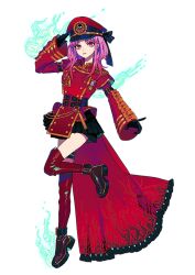 Rule 34 | 1girl, akiakane, belt, black belt, black bow, black footwear, black gloves, black skirt, bow, coat, dot nose, epaulettes, fire, frown, gloves, gradient hair, long sleeves, multicolored hair, official art, pink eyes, pink hair, pleated skirt, production kawaii, red coat, red thighhighs, skirt, skull and crossbones, sleeves past wrists, solo, standing, standing on one leg, thighhighs, tomoe carmine, transparent background, virtual youtuber