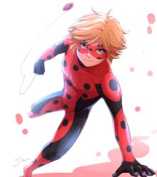 Rule 34 | 1boy, blonde hair, bodysuit, closed mouth, cosplay, domino mask, green eyes, ladybug (character), ladybug (character) (cosplay), mask, miraculous ladybug, polka dot, red bodysuit, red mask, short hair, smile, solo, tomm0515