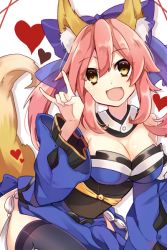 Rule 34 | 10s, 1girl, :d, animal ears, bad id, bad pixiv id, bare shoulders, black thighhighs, bow, breasts, choker, cleavage, detached sleeves, fang, fate/extra, fate (series), fox ears, fox tail, hair bow, heart, japanese clothes, large breasts, long sleeves, looking at viewer, open mouth, pink hair, sash, simple background, smile, solo, sxupxdxxy, tail, tamamo (fate), tamamo no mae (fate/extra), thighhighs, white background