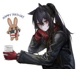 Rule 34 | 1girl, animal ears, arknights, brown eyes, character doll, collared shirt, extra ears, gloves, green necktie, hair between eyes, happy birthday, head rest, highres, liangban xiexu, long hair, long sleeves, looking at viewer, necktie, official alternate costume, ponytail, red gloves, red shirt, shirt, sidelocks, simple background, sitting, smile, solo, texas (arknights), texas (willpower) (arknights), upper body, watch, white background, wolf ears, wristwatch