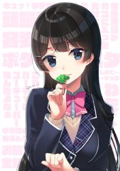 Rule 34 | 1girl, black hair, black jacket, blue eyes, blush, bow, bowtie, braid, breasts, clover, colored eyelashes, fingernails, four-leaf clover, hair ornament, hairclip, head tilt, holding, jacket, koruri, long hair, long sleeves, medium breasts, nijisanji, parted lips, pink bow, pink bowtie, school uniform, solo, straight hair, text background, tsukino mito, tsukino mito (1st costume), twitter username, upper body, very long hair, virtual youtuber