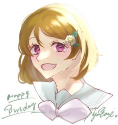 Rule 34 | 1girl, a song for you! you? you!, artist name, artist request, blush, bow, bowtie, breasts, brown hair, close-up, female focus, flower, hair between eyes, hair flower, hair ornament, highres, koizumi hanayo, leaf hair ornament, looking at viewer, love live!, love live! school idol festival, love live! school idol project, neckerchief, parted lips, pink bow, pink neckerchief, purple eyes, sailor collar, shirt, short hair, smile, solo, upper body, white background, white flower, white sailor collar, white shirt