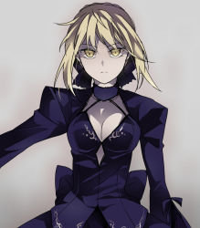 Rule 34 | 1girl, artoria pendragon (fate), bad id, bad pixiv id, blonde hair, breasts, cleavage, dress, fate/stay night, fate (series), hair ribbon, medium breasts, mmm ss, ribbon, saber (fate), saber alter, solo, yellow eyes