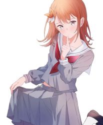 Rule 34 | 1girl, :/, absurdres, black footwear, blouse, bow, braid, brown hair, closed mouth, collarbone, dot nose, double horizontal stripe, finger to own chin, flat chest, foot up, frown, grey eyes, grey shirt, grey skirt, hair behind ear, hair bow, hanasato minori, hand up, head tilt, highres, index finger raised, light blush, loafers, long sleeves, looking afar, looking at viewer, medium hair, midriff peek, neckerchief, orange bow, pleated skirt, project sekai, puffy long sleeves, puffy sleeves, red neckerchief, sad, sailor collar, school uniform, shimono kuro yuki, shirt, shoes, simple background, skirt, skirt hold, socks, solo, swept bangs, tearing up, upper body, white background, white bow, white sailor collar, white socks