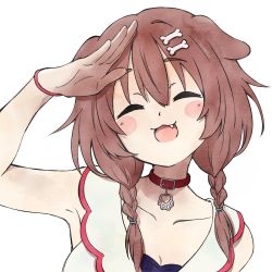 Rule 34 | 1girl, ^ ^, animal ears, arm up, blush, blush stickers, bone hair ornament, braid, brown hair, choker, closed eyes, collarbone, commentary, dog ears, dress, fang, hair between eyes, hair ornament, head tilt, hololive, inugami korone, inugami korone (1st costume), kamochomedesu, looking at viewer, medium hair, open mouth, portrait, red choker, salute, side braids, simple background, sleeveless, sleeveless dress, smile, solo, twin braids, virtual youtuber, white background, white dress, wristband