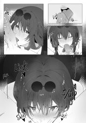 Rule 34 | 1boy, 1girl, absurdres, blush, commentary, deepthroat, english commentary, eyewear on head, fellatio, greyscale, heart, hetero, highres, honkai: star rail, honkai (series), kafka (honkai: star rail), licking, licking penis, moaning, monochrome, oral, penis, pov, pov crotch, sgrimp, solo focus, sound effects, sweat, trembling, uncensored