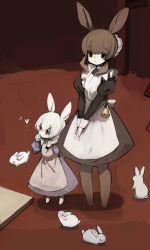 Rule 34 | 2girls, animal ears, animal feet, barefoot, bell, black bow, bow, brown eyes, brown hair, bug, butterfly, child, closed mouth, dot mouth, dot nose, frills, hair bow, highres, insect, long hair, looking at viewer, maid, multiple girls, original, puffy sleeves, rabbit, rabbit ears, rabbit girl, red eyes, shirokujira, standing, white hair