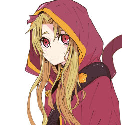 Rule 34 | 1girl, absurdres, amatou yarou, blonde hair, closed mouth, ereshkigal (fate), fate/grand order, fate (series), gold trim, highres, hood, hood up, hooded robe, light blush, long hair, looking at viewer, pink eyes, red robe, robe, simple background, solo, sweat, upper body, white background