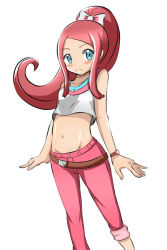 Rule 34 | 10s, 1girl, bare shoulders, belt, blue eyes, blush, breasts, creatures (company), denim, game freak, high ponytail, jeans, legs, long hair, looking at viewer, midriff, navel, nintendo, pants, pink hair, poke ball, pokemon, pokemon (anime), pokemon xy, ponytail, premiere (pokemon), red hair, ribbon, small breasts, smile, solo