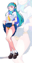 Rule 34 | 1girl, ;p, absurdres, animal print, bikini, bikini under clothes, black footwear, blue hair, blue sailor collar, blue skirt, breasts, clothes lift, colored inner hair, commentary, cone horns, full body, gradient hair, green hair, highres, horns, itou kazuki, lifting own clothes, light blush, long hair, looking at viewer, lum, mary janes, medium breasts, multicolored hair, neckerchief, one eye closed, oni, pink hair, pleated skirt, pointy ears, print bikini, sailor collar, school uniform, shirt, shoes, short sleeves, signature, skirt, skirt lift, socks, standing, swimsuit, tiger print, tongue, tongue out, urusei yatsura, very long hair, white background, white shirt, white socks, yellow bikini, yellow eyes, yellow horns, yellow neckerchief, zoom layer
