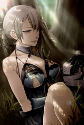 Rule 34 | 1girl, bad id, bad pixiv id, bandages, braid, breasts, elbow gloves, flower, forest, frills, gloves, hair ornament, kaine (nier), large breasts, lingerie, nature, negligee, nier, nier (series), red eyes, ribbon, short hair, sitting, solo, underwear, white hair, yashano akira