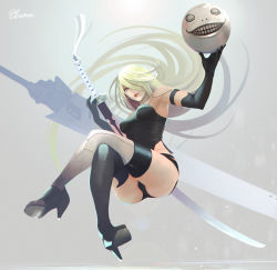 Rule 34 | 1girl, absurdly long hair, alternate hair length, alternate hairstyle, android, arm at side, armlet, artist name, ass, bare shoulders, black footwear, black gloves, black shorts, black thighhighs, blonde hair, blue eyes, breasts, broadsword, chain, closed mouth, collarbone, commentary, cowboy shot, crossed legs, elbow gloves, elrowa, emil (nier), eyelashes, floating hair, full body, gloves, greatsword, hair between eyes, hair over eyes, hair over one eye, hands up, high heels, highres, holding, holding sword, holding weapon, huge weapon, joints, knee pads, legs together, light particles, lips, lipstick, long hair, looking at viewer, makeup, medium breasts, mole, mole under mouth, nier:automata, nier (series), nose, parted lips, pink lips, robot joints, shoes, short hair, short shorts, shorts, sitting, sleeveless, solo, spread legs, standing, sword, tank top, tassel, teeth, thighhighs, thighs, very long hair, weapon, weapon on back, white hair, a2 (nier:automata)
