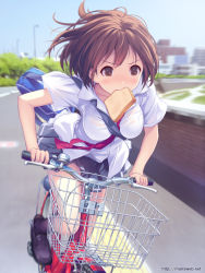 Rule 34 | 1girl, bicycle, blue sky, blush, bread slice, breasts, brown eyes, brown hair, commentary request, day, food, food in mouth, house, mana kakkowarai, medium breasts, mouth hold, neckerchief, original, road, school uniform, serafuku, shirt, short sleeves, skirt, sky, solo, toast, toast in mouth