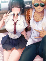 Rule 34 | 1boy, 1girl, bed, bedroom, black choker, black hair, black skirt, blonde hair, blue pants, blurry, blurry background, breasts, brother and sister, brown eyes, choker, collared shirt, dress shirt, grin, highres, in mouth, indoors, jewelry, large breasts, looking at viewer, loose necktie, miniskirt, necklace, necktie, original, panties, pants, pillow, pleated skirt, red neckwear, ring, ryouma (galley), school uniform, shirt, short hair, shoulder tattoo, siblings, sitting, skirt, smile, sunglasses, tan, tank top, tattoo, thighs, underwear, white panties, white shirt