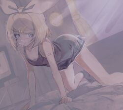 Rule 34 | :&gt;, all fours, bare arms, bare legs, bare shoulders, black camisole, blonde hair, blush, bow, breasts, camisole, cleavage, clock, curtains, dutch angle, flat chest, grey theme, hair bow, hair ornament, hairclip, half-closed eyes, haruka wandahoi, head tilt, kagamine rin, looking at viewer, muted color, number tattoo, on bed, seductive smile, shoulder tattoo, small breasts, smile, socks, swept bangs, tattoo, television, vocaloid, wall clock, white bow, window