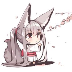 Rule 34 | 1girl, absurdly long hair, animal ear fluff, animal ears, barefoot, blush, branch, chibi, closed mouth, flower, fox ears, fox girl, fox tail, grey hair, hair between eyes, japanese clothes, kimono, long hair, long sleeves, obi, original, outstretched arms, petals, pink flower, ponytail, red eyes, sash, shadow, solo, standing, tail, tail raised, very long hair, white background, white kimono, wide sleeves, yuuji (yukimimi)