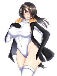 Rule 34 | 10s, 1girl, bad id, bad pixiv id, black hair, blush, breasts, brown eyes, covered erect nipples, covered navel, emperor penguin (kemono friends), hair over one eye, headphones, heart, heart-shaped pupils, highleg, highleg leotard, highres, jacket, kemono friends, large breasts, leotard, long hair, looking at viewer, multicolored hair, open clothes, orange hair, parted lips, solo, standing, symbol-shaped pupils, thighhighs, white leotard, white thighhighs, zellam