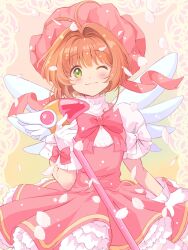 Rule 34 | 1girl, andanden, blush, bow, bowtie, brown hair, cardcaptor sakura, closed mouth, commentary request, cowboy shot, dress, falling petals, frilled dress, frilled sleeves, frills, gloves, gradient background, green eyes, hair intakes, hand up, hashtag-only commentary, hat, highres, holding, holding staff, kinomoto sakura, looking at viewer, magical girl, medium hair, one eye closed, petals, pink bow, pink bowtie, pink dress, pink hat, pink ribbon, pleated dress, puffy short sleeves, puffy sleeves, ribbon, short sleeves, sidelocks, smile, solo, staff, white gloves, white petals, white wings, wings