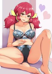 Rule 34 | 10s, 1girl, :p, against wall, aikatsu! (series), aikatsu friends!, asuka mirai (aikatsu friends!), barefoot, black bra, black panties, blush, bow, bow bra, bow panties, bra, breasts, closed mouth, collarbone, commentary request, crotch seam, floral print, hair ribbon, half-closed eyes, hand on own stomach, head tilt, heart, lace, lace-trimmed bra, lace trim, large breasts, legs, light blush, long hair, looking at viewer, navel, panties, partial commentary, print bra, print panties, red hair, ribbon, shadow, sitting, smile, solo, spread legs, tongue, tongue out, twintails, tyranu, underwear, underwear only, yellow ribbon