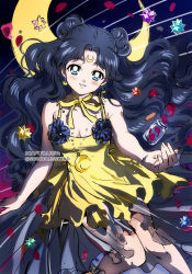 Rule 34 | 1girl, bare arms, bare shoulders, bishoujo senshi sailor moon, black hair, blue eyes, blush, breasts, candy, cleavage, crescent, crescent earrings, crescent facial mark, crescent necklace, double bun, dress, earrings, facial mark, feet out of frame, flask, food, forehead mark, hair bun, jewelry, kaze-hime, konpeitou, long hair, looking at viewer, luna (sailor moon), luna (sailor moon) (human), necklace, pendant, sketch, sleeveless, sleeveless dress, small breasts, smile, solo, unfinished, wavy hair, yellow dress