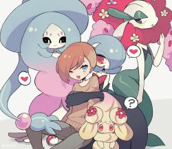 Rule 34 | 4girls, ?, absurdly long hair, alcremie, alcremie (flower sweet), alcremie (ruby swirl), aliceyawnin, alternate color, arched back, artist name, bare shoulders, black dress, black eyes, black gloves, black sclera, blue background, blue eyes, blue hair, blue headwear, blush, bob cut, brown hair, brown sweater, closed mouth, colored sclera, colored skin, commission, creatures (company), dress, earrings, elbow gloves, female focus, florges, florges (red flower), flower, game freak, gardevoir, gen 3 pokemon, gen 6 pokemon, gen 8 pokemon, gloves, gradient hair, grey pants, hair over one eye, half-closed eyes, hand up, happy, hat, hatterene, heart, highres, hug, hug from behind, jewelry, jpeg artifacts, long hair, long sleeves, looking at another, looking at viewer, looking down, mega gardevoir, mega pokemon, monster girl, multicolored hair, multiple girls, nintendo, one eye closed, open mouth, original, pants, pink flower, pink hair, plant girl, poke ball, poke ball (basic), pokemon, pokemon (creature), red eyes, red flower, red hair, shiny pokemon, simple background, sitting, slit pupils, smile, speech bubble, spoken heart, spoken question mark, standing, strapless, strapless dress, sweater, teeth, twitter username, two-tone background, two-tone hair, very long hair, watermark, white eyes, white skin, witch hat, yellow flower