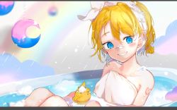 Rule 34 | 1girl, bad id, bad twitter id, bandaid, bandaid on face, bandaid on nose, bare arms, bare shoulders, bathing, bathtub, blonde hair, blue eyes, blush, collarbone, foam, grin, highres, kagamine rin, looking at viewer, messy hair, moon (ornament), naked towel, number tattoo, oyamada gamata, pale skin, rubber duck, shoulder tattoo, sitting, smile, soap bubbles, solo, tattoo, towel, vocaloid, wet, wet hair