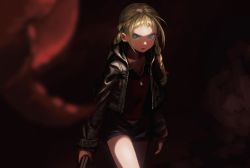 Rule 34 | 1girl, bad id, bad twitter id, blonde hair, blue eyes, braid, flat chest, forehead, highres, holding, holding weapon, jacket, lead pipe, leather, leather jacket, medium hair, original, parted lips, sara manta, shadow, shorts, solo, twin braids, weapon