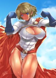 Rule 34 | 1girl, animification, artist name, blonde hair, blue eyes, blue sky, breasts, cape, cleavage, cleavage cutout, closed mouth, clothing cutout, cloud, day, dc comics, highres, large breasts, looking at viewer, muscular, muscular female, power girl, red cape, short hair, shourin bonzu, sky, smile, solo, superman (series), thighs
