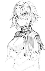 Rule 34 | 1girl, blush, breasts, capelet, closed mouth, fate/grand order, fate (series), greyscale, hair between eyes, headpiece, jeanne d&#039;arc (fate), jeanne d&#039;arc alter (avenger) (fate), jeanne d&#039;arc alter (fate), looking at viewer, medium breasts, monochrome, short hair, simple background, sketch, solo, tuxedo de cat, upper body, white background