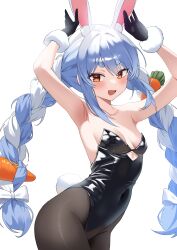 Rule 34 | 1girl, absurdres, animal ear fluff, animal ears, black gloves, black leotard, black pantyhose, blue hair, blush, braid, breasts, cleavage, fur-trimmed gloves, fur trim, gloves, highres, hololive, jjetotwt, leotard, long hair, looking at viewer, multicolored hair, open mouth, orange eyes, pantyhose, playboy bunny, rabbit ears, rabbit girl, rabbit tail, short eyebrows, small breasts, solo, strapless, strapless leotard, tail, twin braids, two-tone hair, usada pekora, virtual youtuber, white background, white hair