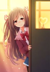 Rule 34 | 1girl, artist name, backlighting, black pantyhose, blazer, blue skirt, blush, bow, bowtie, brown hair, collared shirt, door, dust, evening, finger writing, frilled skirt, frills, glass, glass writing, hair ribbon, heart, indoors, jacket, long hair, long sleeves, md5 mismatch, open clothes, open jacket, original, pantyhose, peeking out, pleated skirt, red bow, red bowtie, red eyes, red ribbon, ribbon, runamochi, school, shirt, skirt, sleeves past wrists, smile, solo, sparkle, sunlight, two side up, very long hair, white shirt, window