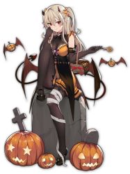 Rule 34 | 1girl, artist request, bat wings, black footwear, candy, demon tail, dress, food, game cg, hair between eyes, halloween, halloween costume, holding, holding candy, holding food, holding lollipop, horns, jack-o&#039;-lantern, leggings, light brown hair, lollipop, mahjong soul, non-web source, official art, orange dress, orange scrunchie, pointy ears, scrunchie, see-through, simple background, sitting, smile, solo, tail, third-party source, tombstone, transparent background, twintails, wings, xenia, yostar