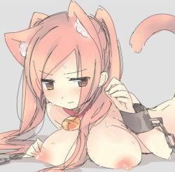 Rule 34 | 1girl, animal ears, blush, breasts, brown eyes, chain, chained, chain, collar, fire emblem, fire emblem awakening, nintendo, nipples, red hair, robin (fire emblem), simple background, solo, sweat, tail, teu (navy), twintails
