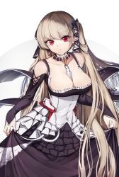 Rule 34 | 1girl, azur lane, bare shoulders, between breasts, black dress, blacktheif, blush, breasts, cleavage, commentary request, dress, earrings, formidable (azur lane), frilled dress, frills, hair ribbon, jewelry, large breasts, long hair, long sleeves, looking at viewer, red eyes, ribbon, solo, twintails, two-tone dress, two-tone ribbon, very long hair